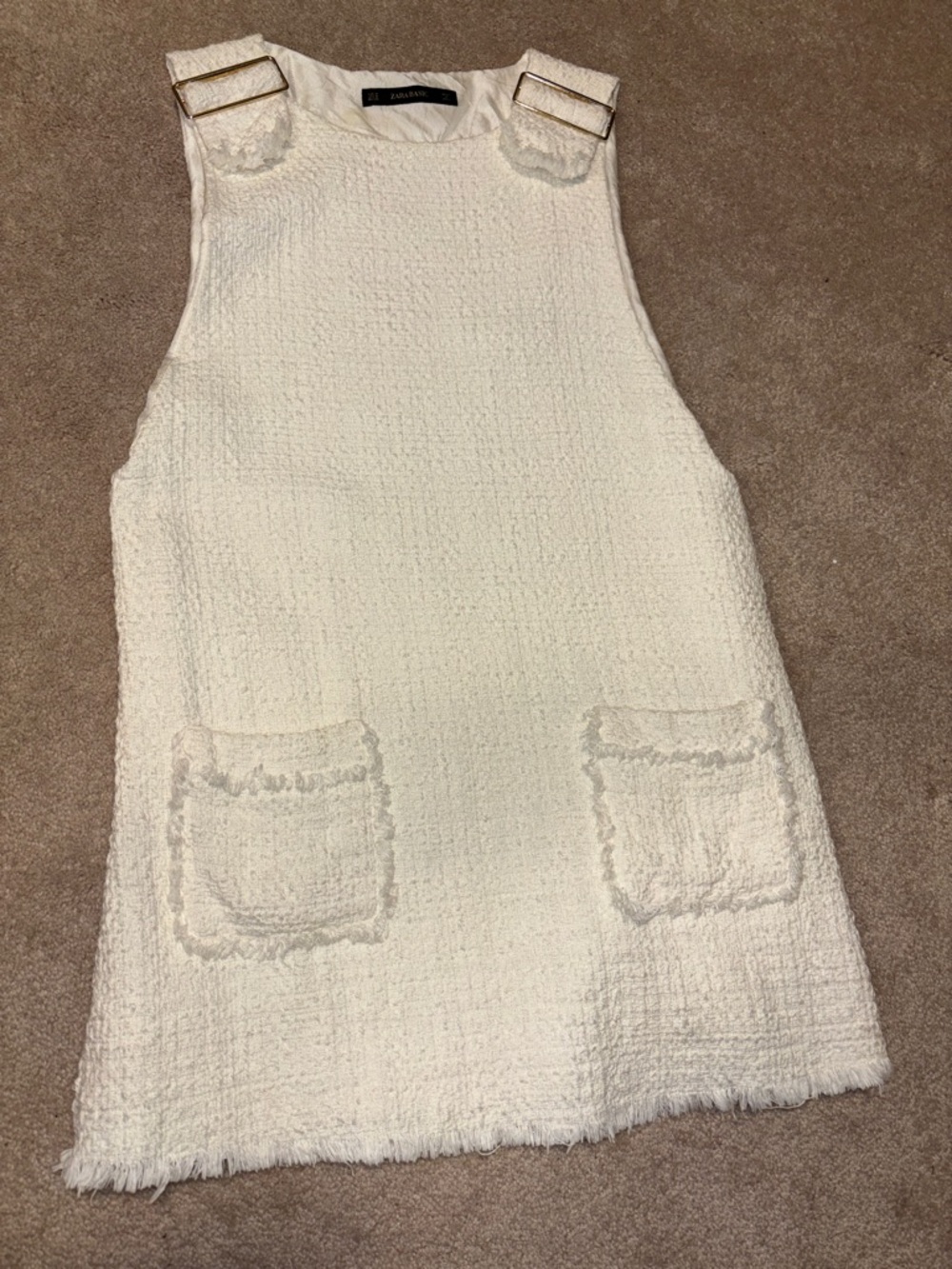 Zara Cream Tweed Pinafore Dress with Gold Buckle Straps